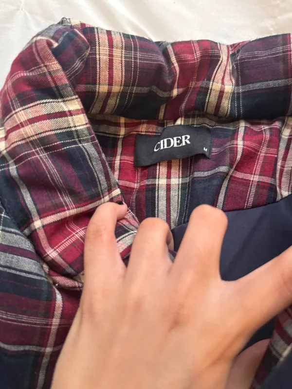 Cider Plaid Puffer Jacket in Burgundy and Navy - Image 2