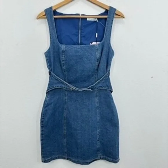 Avec‎ Les Filles Denim Mini Dress Square Neck Sleeveless Harness Denim Body-Con - Image 3