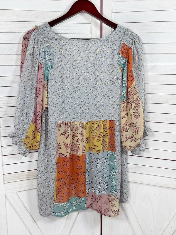 UMGEE Floral Patchwork Print‎ V Neck Chiffon Blouse Grey Multi Medium Boho - Image 8