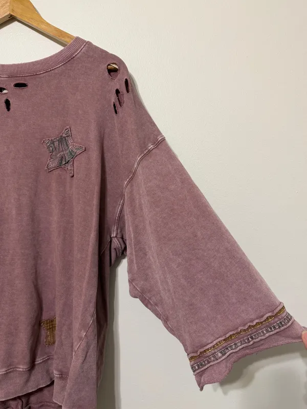 Easel Boho Star Patchwork Oversized Tee Size Large Distressed Sweater - Image 6
