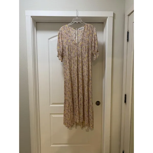 Faithfull The Brand La Falaise Dress Womens Large Beige Floral Puff Sleeve Boho - Image 2