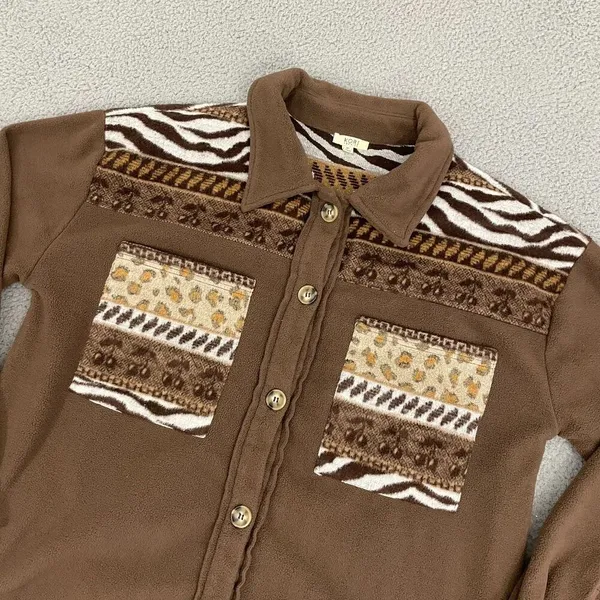 Kori America Fleece Shirt Women XL Brown Animal Print Long Sleeve Button Front‎ - Image 2