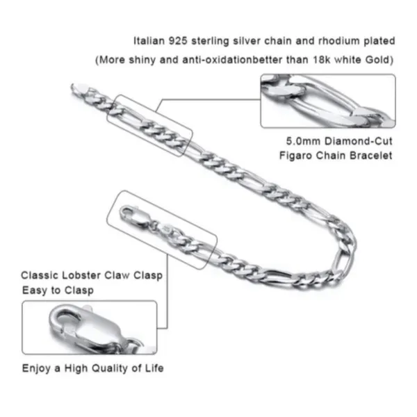 NEW Unisex Rhodium Plated 925 Sterling Silver‎ Figaro Chain Bracelet, 8” - Image 13