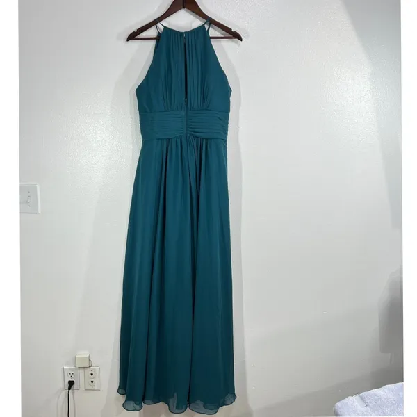 Azazie Bonnie Bridesmaid‎ Dress Peacock Blue Chiffon Halter Maxi Formal Gown - Image 4