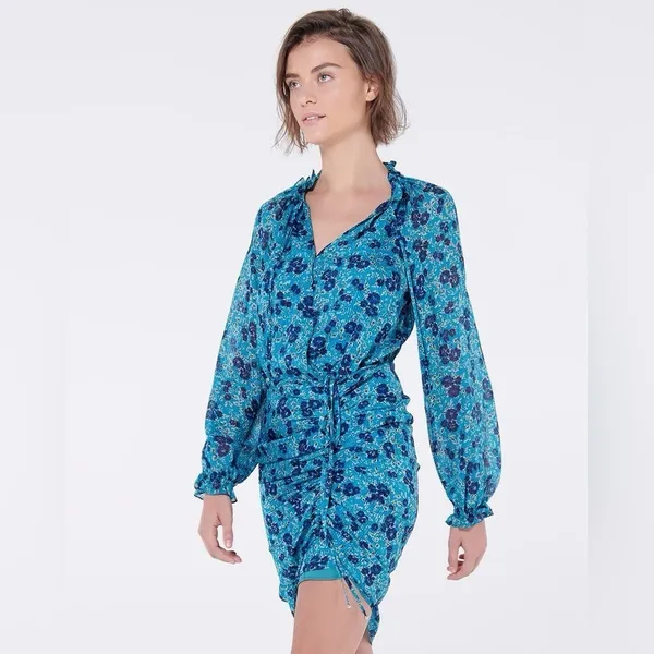 Veronica Beard Becky Ruched Silk Mini Dress in‎ Turquoise Floral Size 2 - Image 2