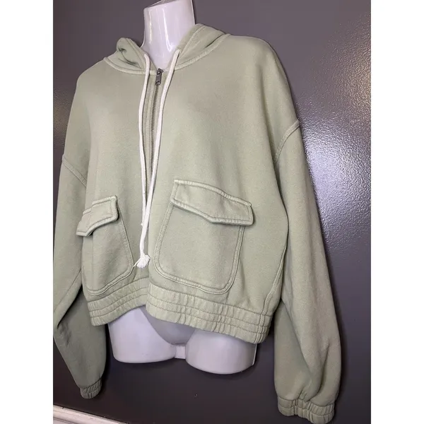 Aerie Hoodie Womens Large Green Full Zip Cropped Terry Cargo Pockets Sweatshirt - Image 4