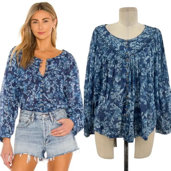 Free People Cool Meadow Printed Top Denim Combo‎ Blue Floral Size XS - Image 2