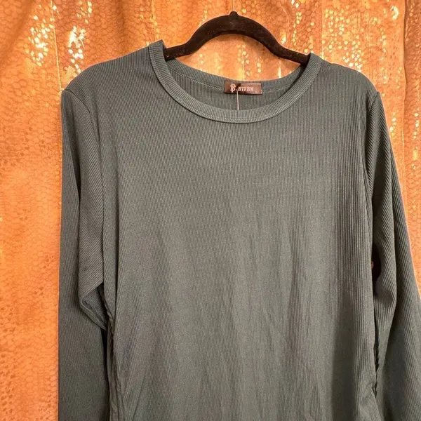 BTFBM Dark Emerald Green Ribbed Long Sleeve Bodycon Side Tie Mini Dress XL - Image 3