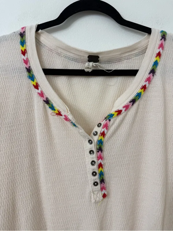 {S} We the Free Free People Cream Waffle Knit Henley Top with Multicolor Trim - Image 3