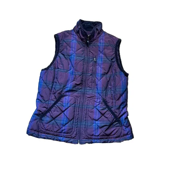 Lauren Ralph Lauren Plaid Puffer‎ Vest Purple Size Medium Zip Flaws See Photo - Image 2