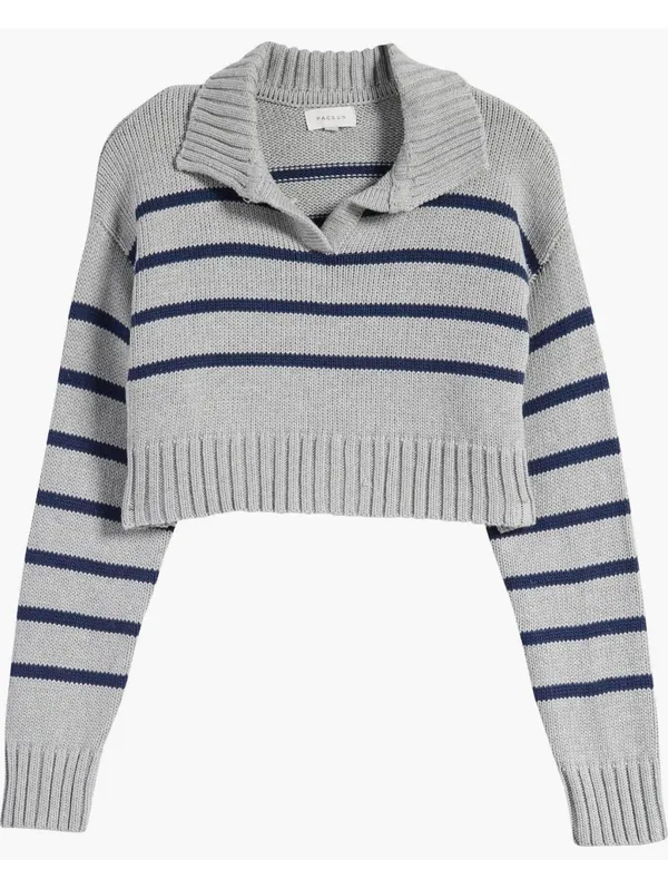 PacSun Callie Cotton Stripe Crop Polo Sweater Heather Gray XL - Image 3