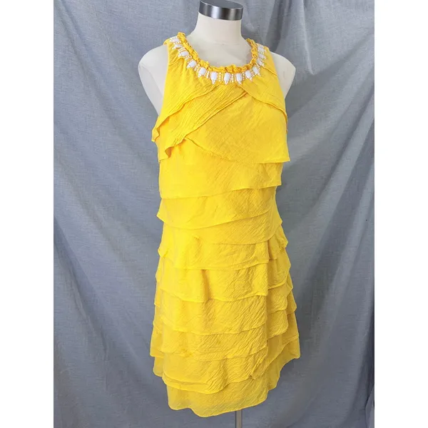 S.L. Fashions Yellow Tiered Ruffle Dress Beaded‎ Neckline 14 Vacation - Image 8