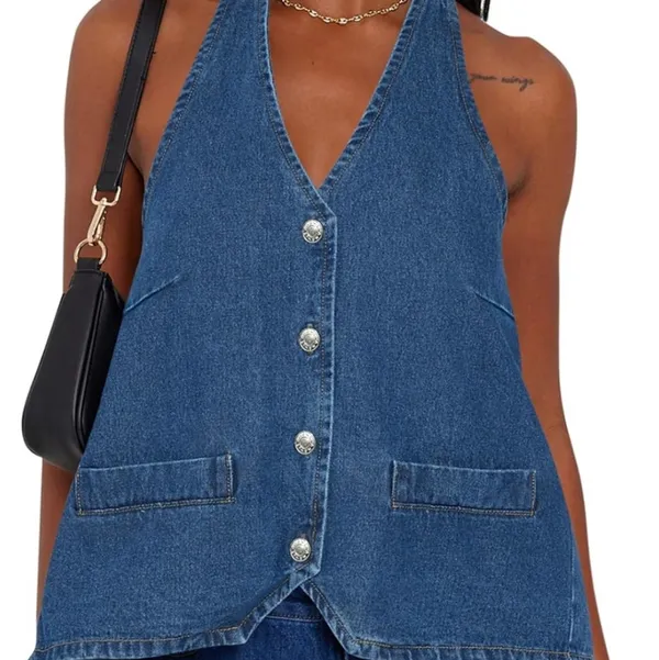 Women's Blue Denim Halter Vest Top Size Large Very Stylish - Image 3