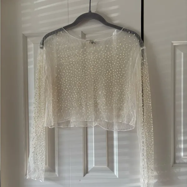 Bear Dance Ivory Sheer Pearl-Embellished Long Sleeve Top - Image 2