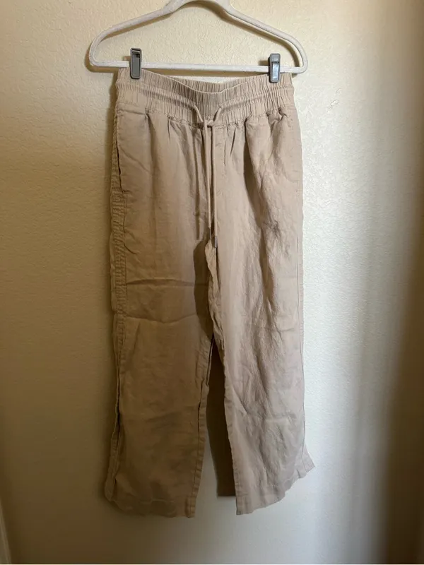 Quince Linen Wide Leg Pants Sz M Tan Neutral Drawstring - Image 3
