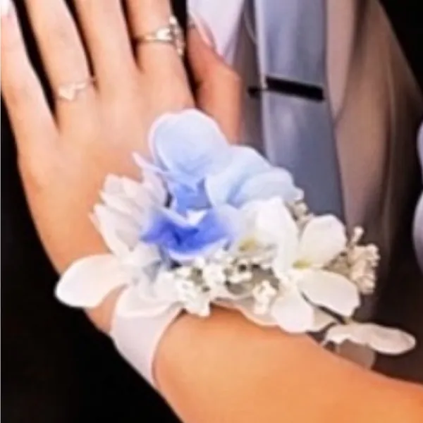 Blue and white wrist corsage. Handmade/skap bracelet corsage. - Image 3