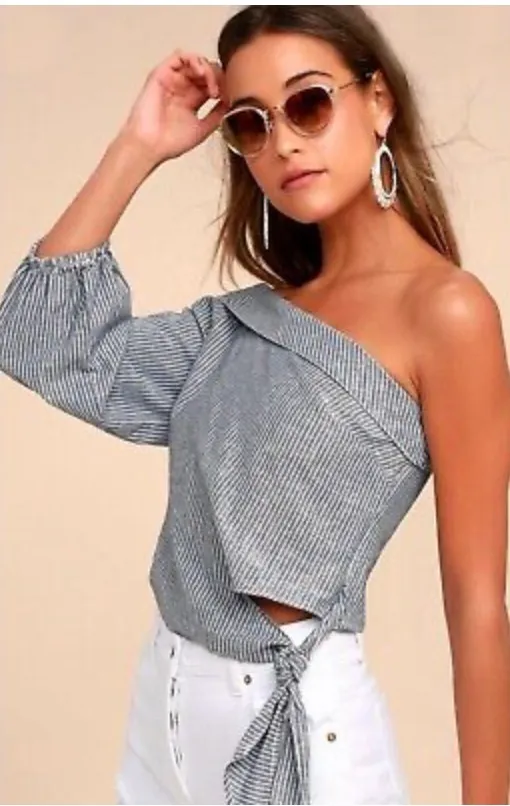 Free People Get Down Blue Striped One Shoulder Crop - Image 2