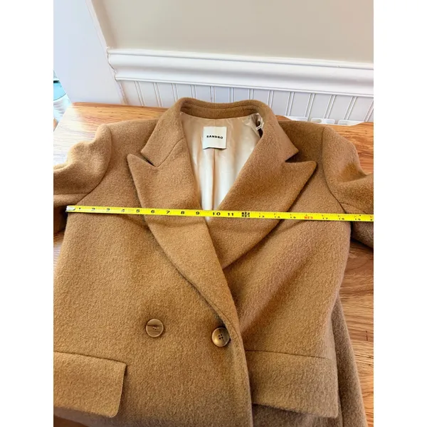 Sandro Straight Cut Brushed Wool Coat Double Breasted Long Camel Brown 36 S - Image 7