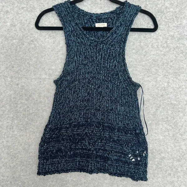 Pilcro Women Medium Marled Blue Cotton Knit Racerback Tank Top Pointelle Italy - Image 3
