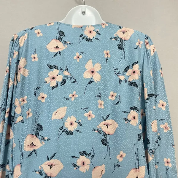 Rebecca Taylor Daniella Floral Blouse Dot Pattern Blue V-Neck Top Tie Cuff Women - Image 8