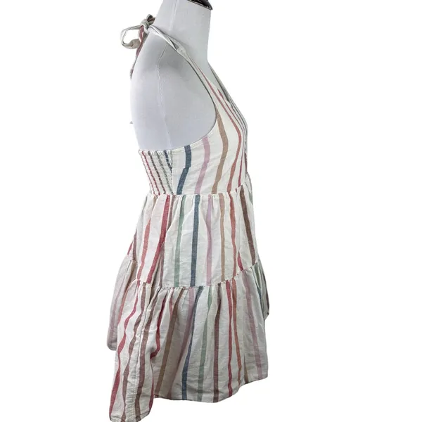 American Eagle Multicolor Striped Halter Tiered Linen Dress Size Small - Image 3