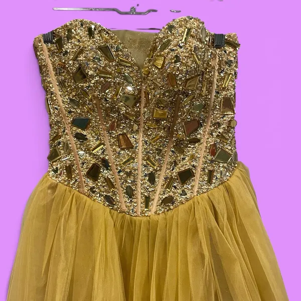 Golden princess jeweled coquette strapless tulle dress sparkle Terani Couture - Image 2