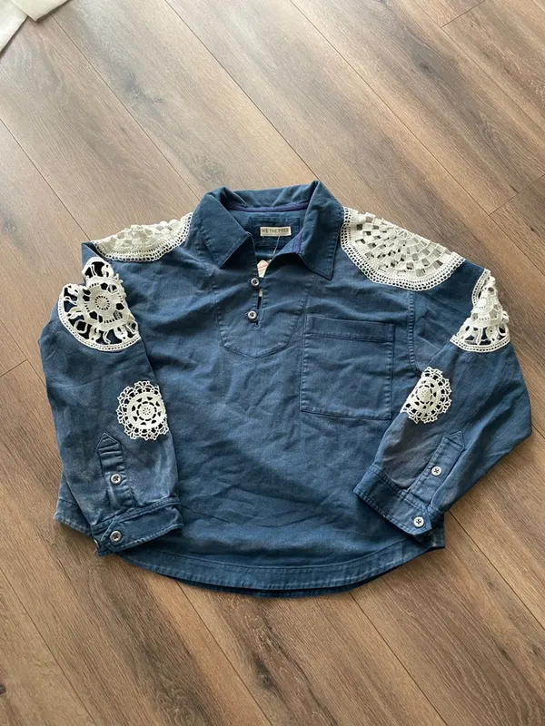 Free People Washed and Crafted Crochet Polo- Size Small - Image 4