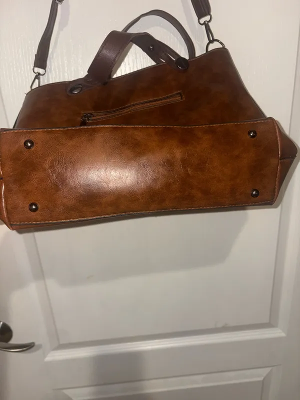 dark brown faux leather multi-pocket tote handbag featuring dual top handles and vertical front zipper pockets - Image 6
