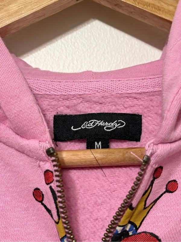 Ed Hardy Pink Skull Graphic Cropped Zip Hoodie Women’s NYC Medium - Image 3