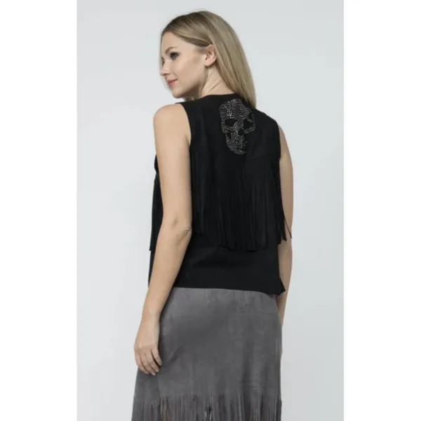 Vocal Women’s Black Sleeveless Fringe Rhinestone Skull Open Front Vest SZ XL EUC - Image 3