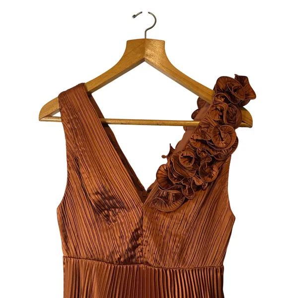 AMUR Aviva‎ Rosette One Shoulder Pleated Gown Copper Size 2 - Image 16