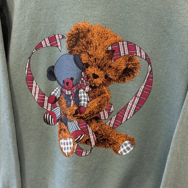 Vintage Ross Sportswear Teddy Bear Plaid Heart Sweatshirt Green USA Made L/XL - Image 5