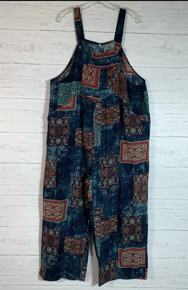 Himosyber Patchwork Jumpsuit Loose Floral Print Bohemian Wide Leg Overall 2XL - Image 6