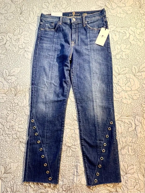 💥NWT 7 For All Mankind Edie High Rise Crop Straight Jeans Grommet Raw Hem~29🧡 - Image 13