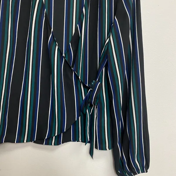 Express Women's Black Striped Faux Wrap Long Sleeve‎ Blouse Size Medium - Image 3