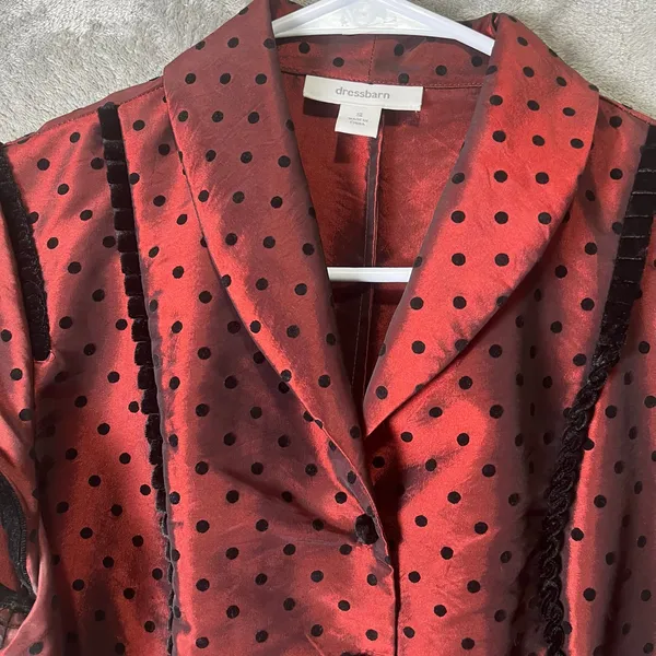 Vintage Whimsigoth Dark Romance Red‎ Satin Polka Dot Belted Blouse Structured SM - Image 4