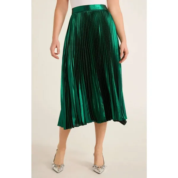 Free Assembly Elegant Emerald Green Satin Pleated Midi Skirt Flowy Accordion XS - Image 2