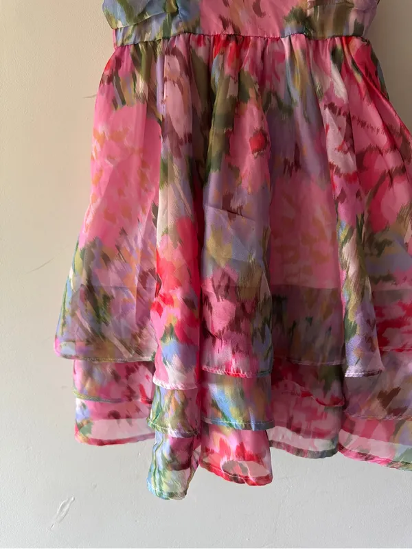 Lulus Evonne Pink Abstract Floral Tiered Mini Skater Dress - Image 4