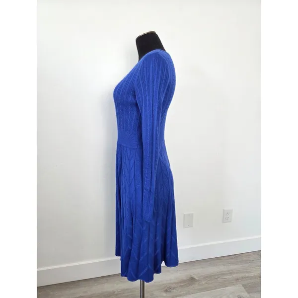 Eliza J Cobalt Blue Cable Knit Midi Dress Chevron Long Sleeve Modest Teacher M - Image 3