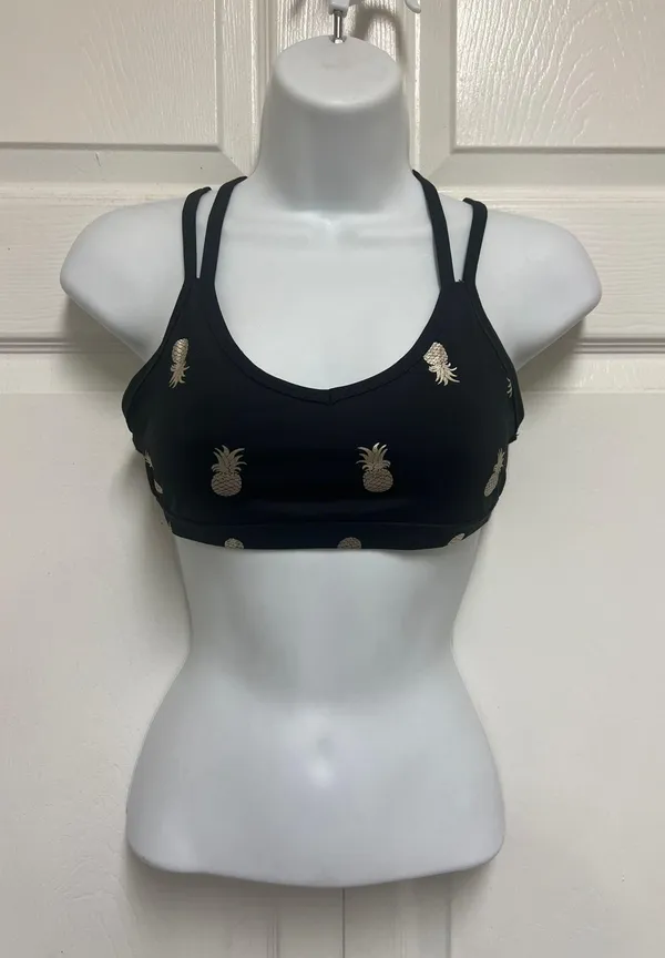 Black Strappy Pineapple Print Sports Bra - Image 3