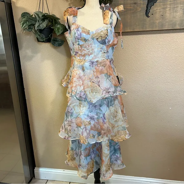NWT Lulus Playfully Posh Blue Floral Organza Tie-Strap Tiered Midi Dress - Image 3