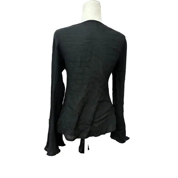 Ruffled Bell Sleeve V-Neck Black Tunic Top Asymmetrical Hem Womens L Gauze - Image 3