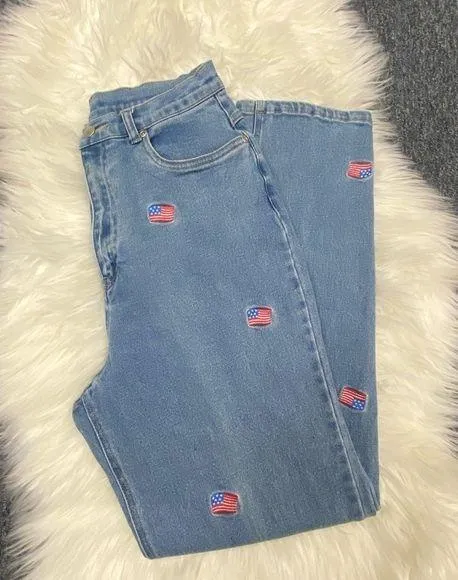 Vintage Americana Embroidered American Flag High Waisted Jeans size 8 - Image 2