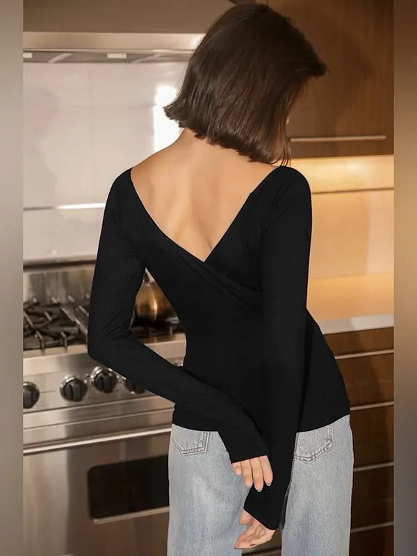 Lulus Most Important Black Ribbed Surplice Long Sleeve TopSize Medium NWT - Image 3