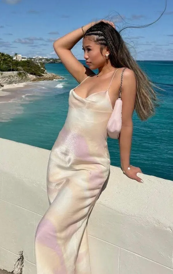 Zara maxi long satin foil effect cowl neck body on casual summer vacation dress - Image 2