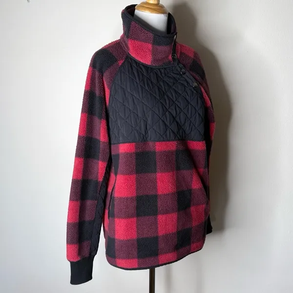 Abercrombie Red and Black Fleece Asymmetrical Snap Pullover Jacket - Image 3