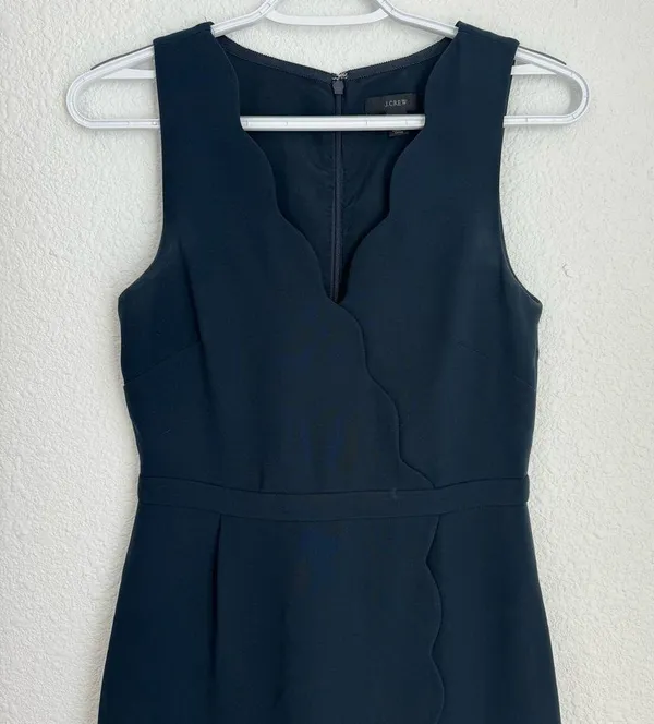 J. Crew Dress Womens Size 0 Navy Blue V Neck Scallop Crepe Wrap Surplice Sheath - Image 2