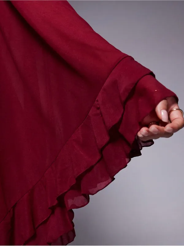 ASOS DESIGN stretch chiffon one sleeve ruffle mini dress in burgundy Size S - Image 3