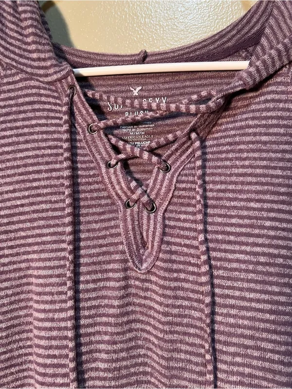 American Eagle Women's Size Medium Soft & Sexy Plush Hoodie Purple Gray‎ Stripes - Image 4