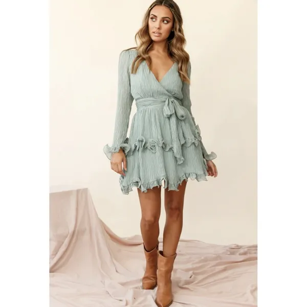 Aura Greta Tiered Ruffle‎ Chiffon Dress Olive Size Large - Image 2